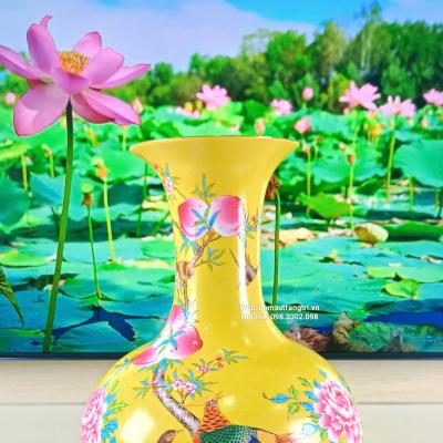 bình men vàng, bình hoạ tiết chim trĩ đào trường thọ, bình hoa trung quốc